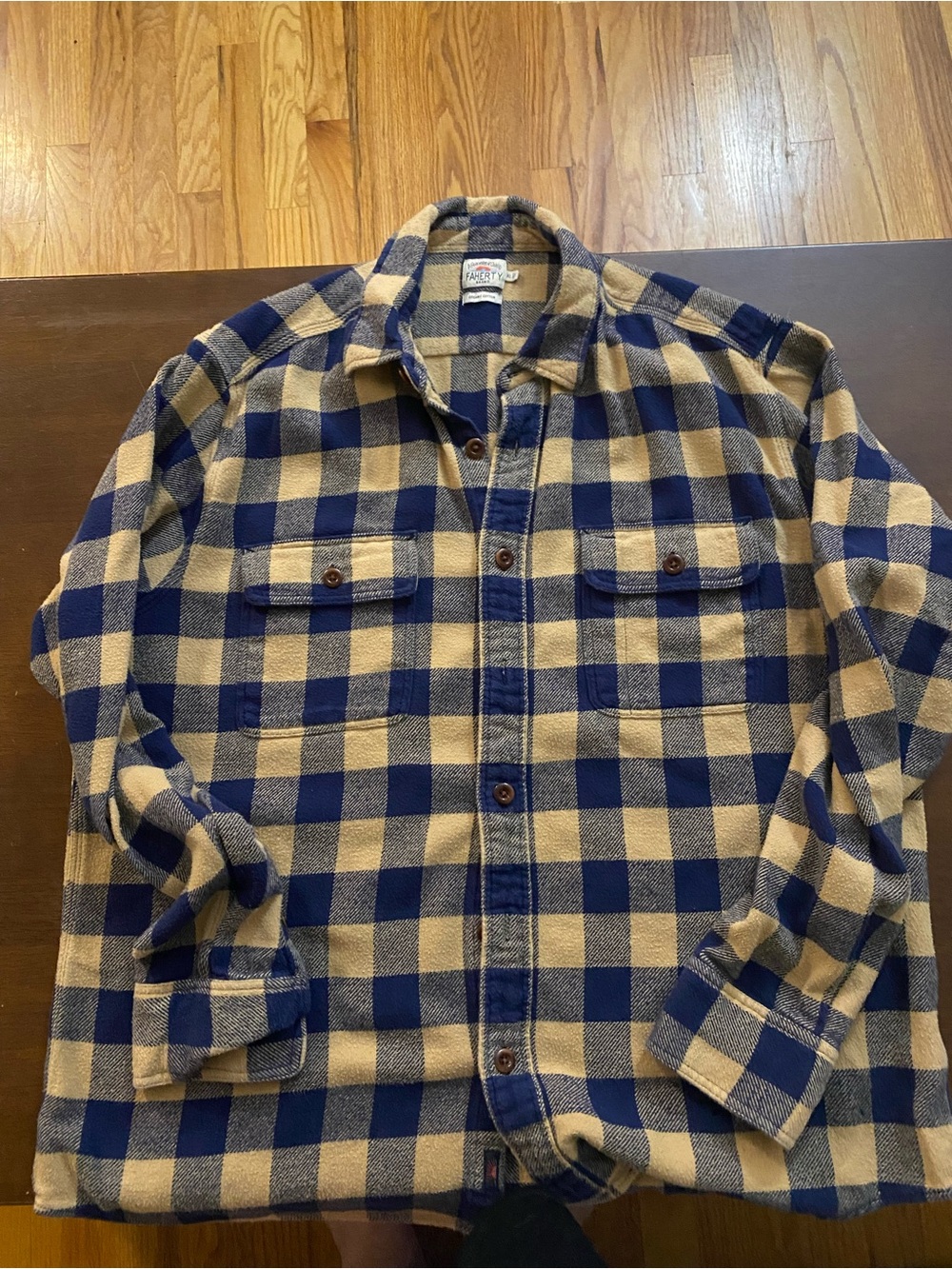 Faherty Men's Blue and Tan Buffalo Check Flannel Shirt